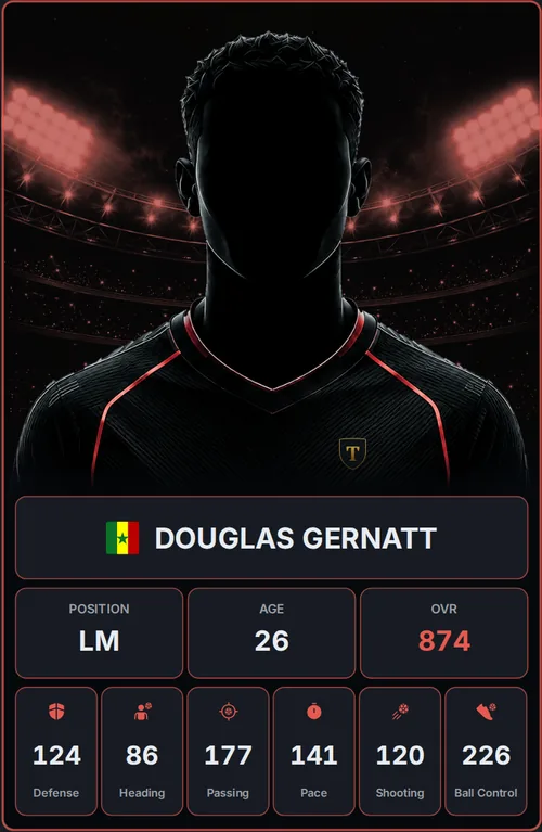 A Tacteros player card: skills, age, energy, condition and market value