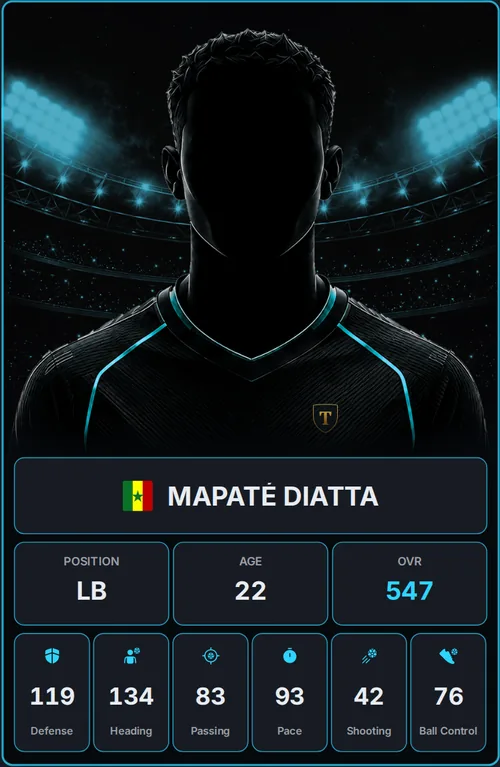A Tacteros player card: skills, age, energy, condition and market value