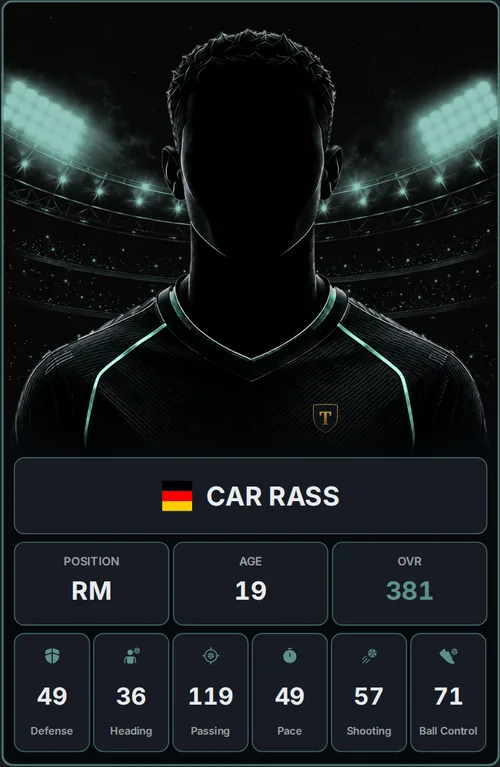 A Tacteros player card: skills, age, energy, condition and market value