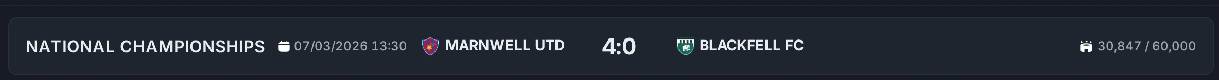 A Tacteros match header: competition, date, both clubs, the score and the attendance