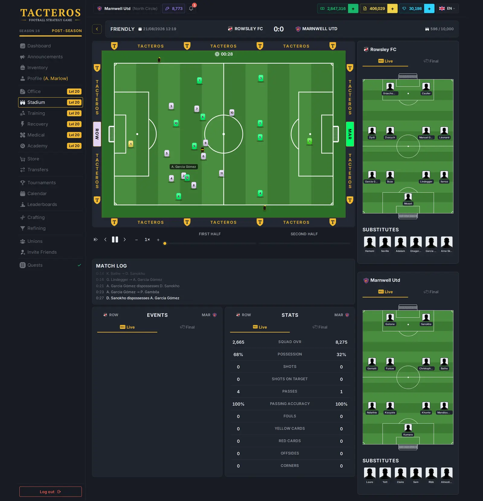 A real Tacteros match replay with the green pitch, match clock and a minute-by-minute match log