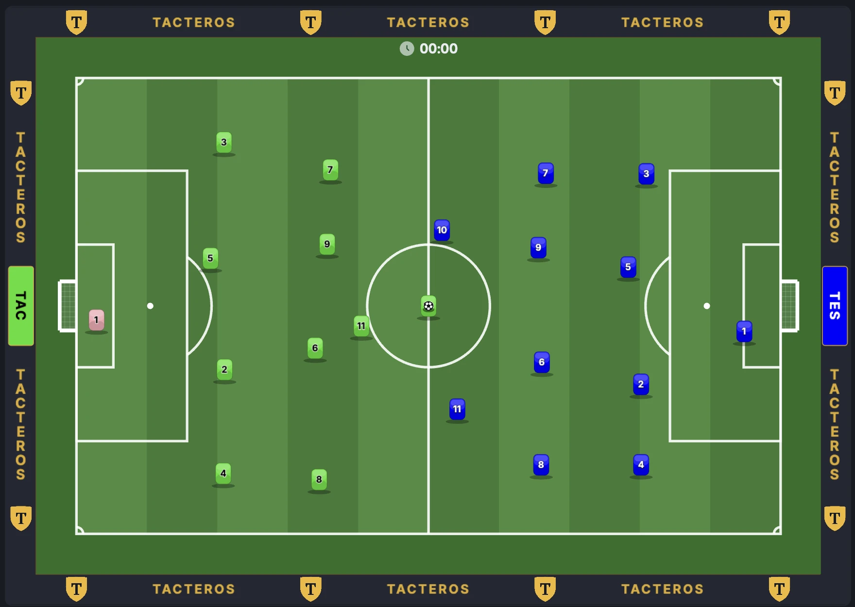 Kick-off in a Tacteros match: both elevens in formation on the pitch, the ball on the centre spot and the clock at 00:00