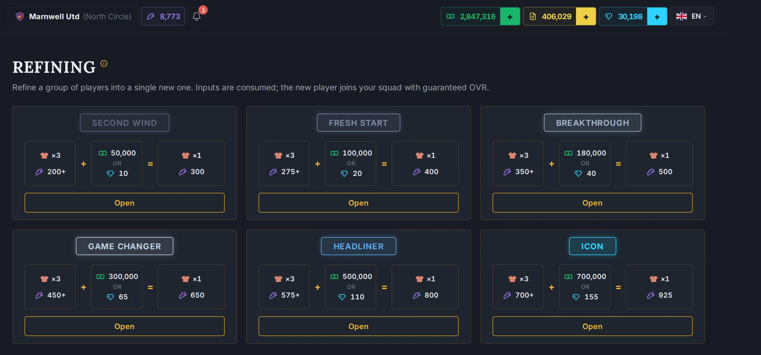 The Tacteros refining screen: six formulas, each consuming three players for one stronger one