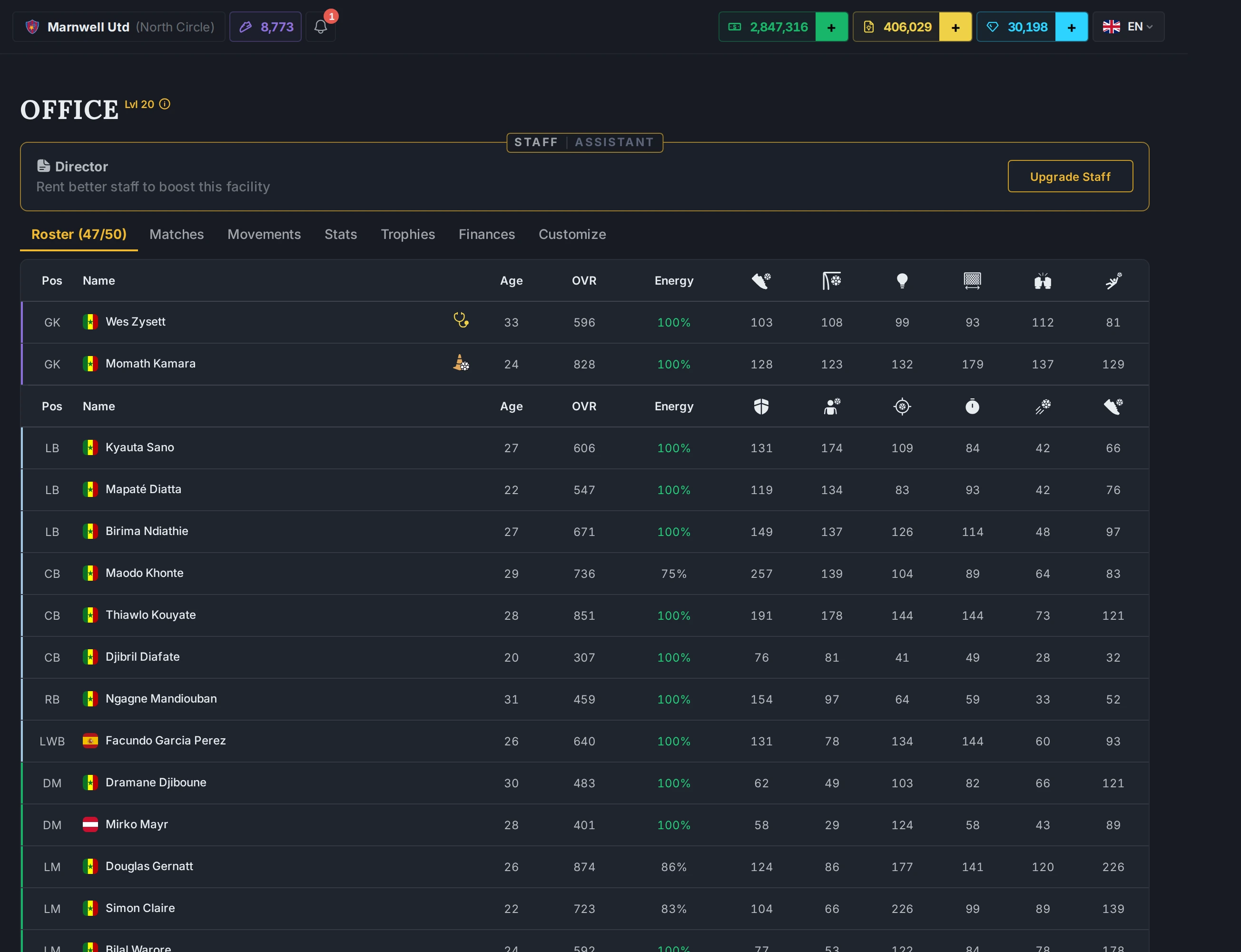 The Tacteros squad list: position, name, age, overall, energy and six skill columns